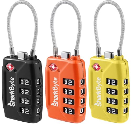 SharkByte TSA Approved Luggage Locks - 4-Digit Combo, (3 Pack) Flexible Cable Wire for Suitcases & Bags (10,000 Combinations)