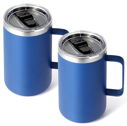 Volhoply Isolerade kaffekoppar i rostfritt stål med 700 ml (24 oz), tätt stängande lock, 2-pack, dubbelvägg vakuum resekaffekopp med handtag, campingkopp (blå, 2)