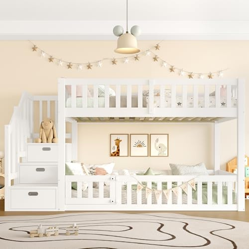 KecDuey Letto a castello 90 x 200 cm, culla con spazio per le scale e protezione dalle cadute, letto a soppalco per bambini, telaio con scaletta