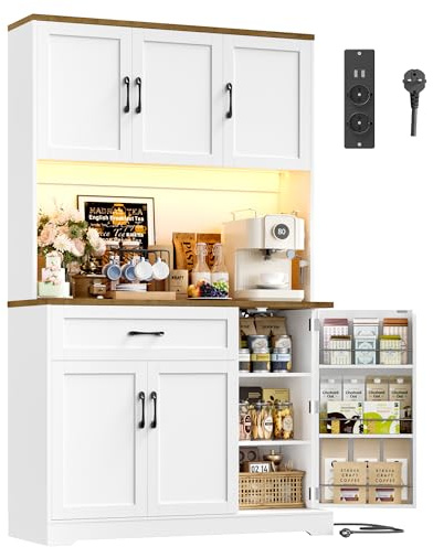 FirFurd 180cm Küchenschrank mit LED & Gewürzregal Buffetschrank Sideboard für Küche mit Steckdosenleiste Küchenschrank mit Arbeitsplatte Küchenbuffet Küchenmöbel 180x100x38cm weiß