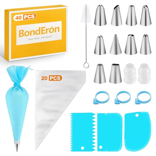 BondEron Juego de 40 boquillas de manga pastelera, boquillas de acero inoxidable, accesorios para hornear, decoración de tartas, cupcakes, galletas, adornos, hornear, fondant, crema, pastelería, juego