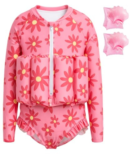 Summshall Toddler Swimsuit with Floatation, Baby Girls Long Sleeve Floating Bathing Suit Swim Suit for Summer Beach Pink