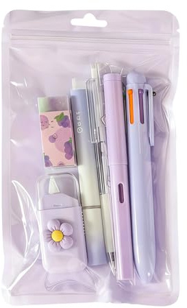 TIHNY Lot de 6 articles de papeterie violet pour femmes - Fournitures mini kawaii bureau & école avec stylo bille, stylo gel, surligneur, crayon éternel, ruban correcteur, gomme