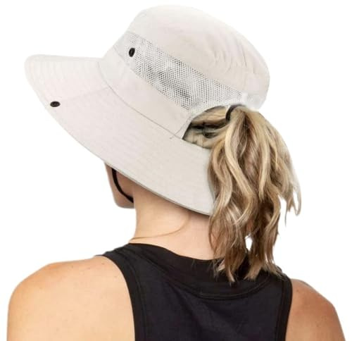 ZXTGBQ Sombrero de Sol Mujer Apto para Coleta UPF 50+, Gorro de ala Ancha de Malla Sombreros de Pesca al Aire Libre Protección UV, Sombrero Mujer Verano, ala Ancha Ponytail Playa Bucket Sombreros
