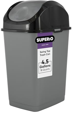 Superio Small Trash Can with Lid 4.5 Gallon Plastic Swing Top Garbage Can Slim Waste Bin for Under Sink/Cabinet, Laundry Room, Kitchen, Office, Bedroom, Bathroom, College Dorm, 18 Qt, Gray/Black