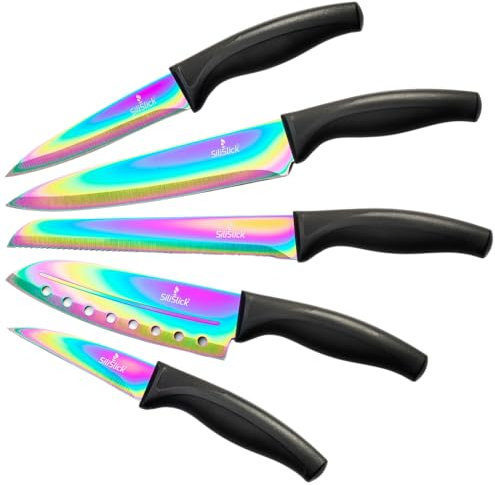 SiliSlick Rainbow Kitchen Knife Set, Sharp Stainless Steel Knives with Titanium Coating, Chef, Bread, Santoku, Paring, & Utility, Includes Covers, Ergonomic Black Handle