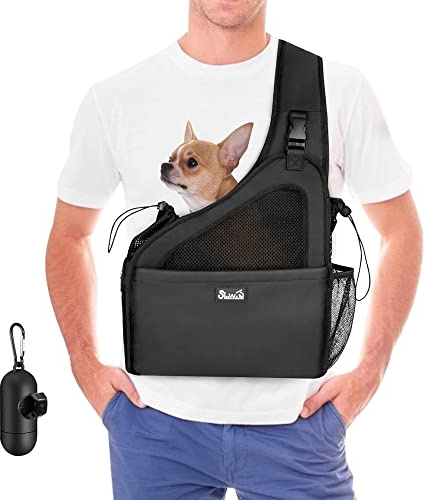 Eyein Pet Puppy Sling Carrier, Up to 6 lbs Hand Free Cat Dog Papoose, Hard Bottom Support Small Animal Travel Tote Bags with Breathable Mesh Adjustable Padded Strap Safety Belt Machine Washable
