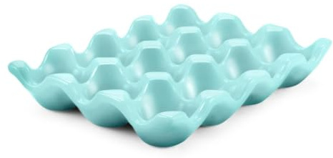 Flexzion Ceramic 12 Cups Egg Tray - Whole Dozen Porcelain Egg Holder Container Keeper Storage Organiser Decorative Serving Stand Serveware for Refrigerator Fridge Countertop Display Kitchen