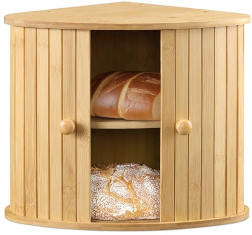 Navaris Boîte à Pain d'angle - Panier en Bambou 30 x 30 x 31 cm avec Portes coulissantes pour Baguette brioche Pain de mie Croissant viennoiserie