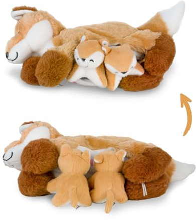 Mamanimals Fuchs Kuscheltier mit 2 Baby Füchsen, Babys im Bauch mit Reißverschluss verstaubar, magnetische Zitzen zum Säugen, hochwertiges Plüschtier Set für Kinder