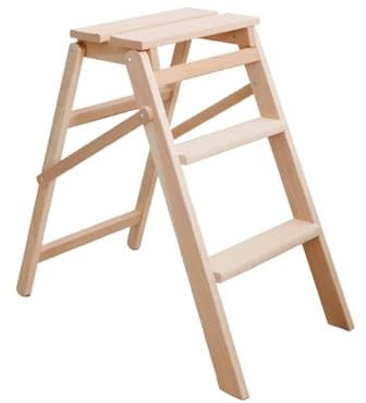 La zappa Taburete escalera plegable fabricado en madera bruta con tres peldaños y barra de apoyo