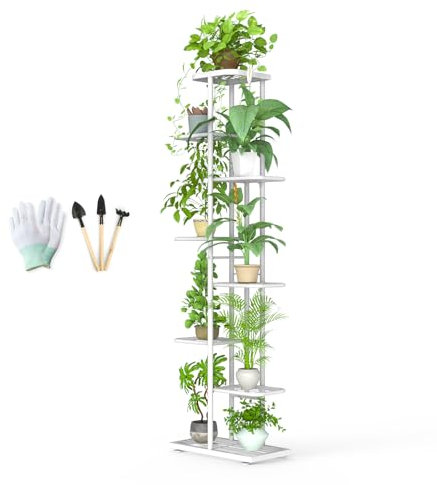 8 Niveaux Support de Plante en Métal avec Outils de Jardinage et Gants, 141cm Multiple Étagère à Fleurs Support de Pots Fleurs, Porte Plante Interieur Exterieur pour Maison Balcon Jardin, Blanc