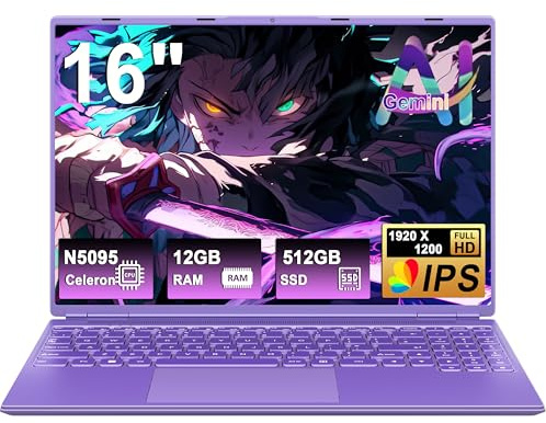 Ordinateur Portable Gaming 16 Pouces 12 + 512 Go Soutien Extension 1TB (HDD-2TB) 4 cœurs Celeron N5095 (jusqu'à 2,9 GHz)1920x1200 PC Gamer Portable,Laptop avec Écran 2K 2.4+5G WiFi Mini HDMI-Violet