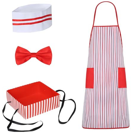 Funhoo Kit de disfraz de camarero para adultos, 4 piezas, con bandejas, sombrero de chef, pajarita, delantal a rayas rojas y blancas con 2 bolsillos, carnaval, fiesta de circo