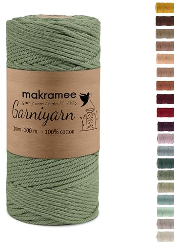 GARNIYARN Premium makramégarn 3 mm – mjukt bomullsrep för makramé,vägghängningar, växthängare och hemtillbehör – 100% bomull (Sage Green, 100m)