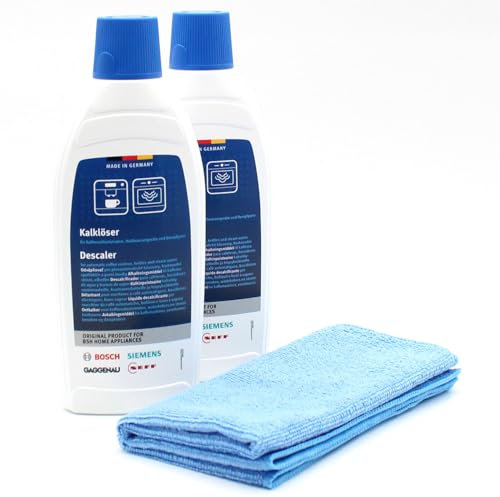 PakTrade Pflegeset 2X Entkalker Kalklöser + Mikrofasertuch kompatibel mit Siemens TC660546(00), TC6607(00), TC6608(00) - für Kaffeevollautomaten, Heißwassergeräte, Dampfgarer, 1000ml