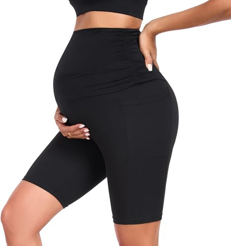 Jynnxa Mallas Premama Cortas con Bolsillos Leggins Premamá Cortos sobre el Vientre Ropa Premamá Verano Mujer Maternidad Pantalones Cortos