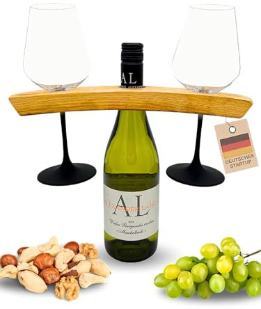 Hochwertiger Weinflaschenhalter für eine Flasche und Weinglashalter für Zwei Gläser - das perfekte Wein Zubehör & Wein Geschenk mit Stil - Weinständer aus Holz geeignet als Geschenke für Paare