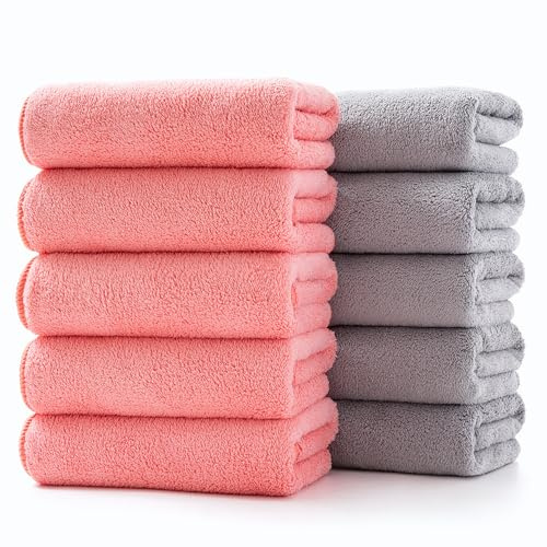 Lumimi 10-Pack Premium Hand Towels 29 L x 13 W Skin-Friendly Microfiber, Highly Absorbent & Fade Resistant, Spa Quality (Red Light Grey)