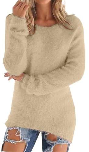 Cozy White Sweater, Women’s Fleece Sweatshirt Warm Soft Teddy Plush Pullover Tops Long Sleeve Crew Neck Casual Winter Jumper Lightweight Soft Cozy Loungewear Beige S