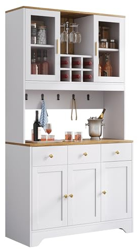 Azkoeesy Mobile Dispensa Cucina, Credenza Alta Cucina, 95x40x175 cm, 3 Cassetti, 3 Porta trasparente in acrilico, Portabottiglie, 5 Ganci, bianco + maniglie in metallo oro
