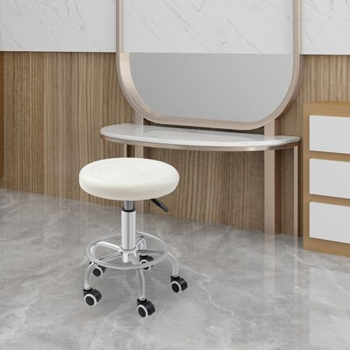 JDBDU Vridbar pall med 5 hjul – höjdjusterbar rullpall för frisörsalong, bar och beauty – 330 pund lastbar gasfjäder, 360° roterande funktion, vit – perfekt som sminkstol och barbord pall