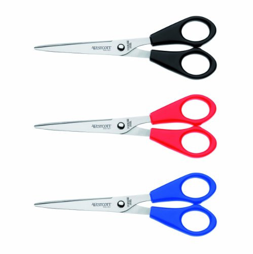 Westcott E-31032 00 Set di forbici ufficio con impugnatura in plastica, 17 cm, 3 pezzi, blu/rosso/nero