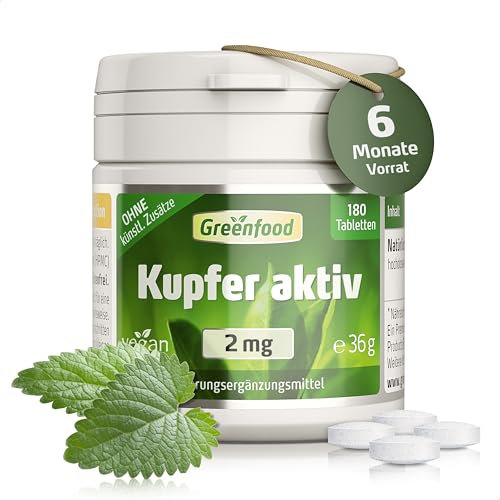 Kupfer Tabletten, hochdosiert, 2mg - 180 Tabletten, vegan. Kupferbisglycinat - Haut & Haarpigmentierung (graue Haare), Immunsystem. OHNE künstliche Zusätze - laborgeprüft. Von Greenfood.