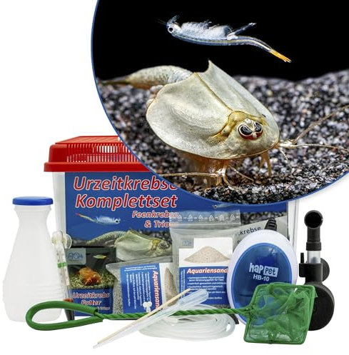 Triops und Feenkrebse Urzeitkrebse Komplettset,6 Liter, Kunststoff Aquarium, Eier, Luftpumpe, Filter, Kescher, Zuchtansatz, Futter und Anleitung