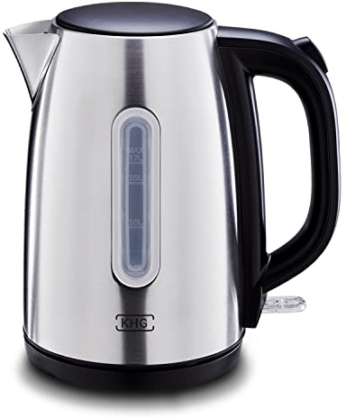 KHG Wasserkocher WK-172 ESS Edelstahl, 1,7 Liter, abwaschbarer Kalkfilter, Wasserstandsanzeige, Öffnen per Knopfdruck, Trockengehschutz & Abschaltautomatik, verdecktes Heizelement, BPA-frei, 2200 Watt