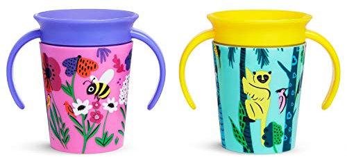 Munchkin Miracle 360 WildLove - Tasse Apprentissage Antifuites pour Bébé-Nourrisson, Sans BPA, Avec Poignées, Compatible Lave-Vaisselle - 177 ml, Lot de 2, Lémurien/Abeille