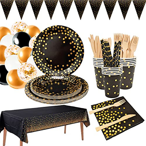 Schwarzes und goldenes Partygeschirr, Partygeschirr-Set, goldene Folie Polka Dot Geburtstag Partygeschirr für Partys, Hochzeiten, Jubiläen, Geburtstage (16 Portionen)