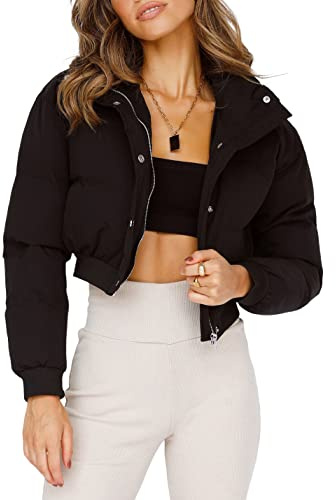 UANEO Womens Cropped Puffer Jacket Stand Collar Zip Up Winter Padded Down Coats (Black, Small)