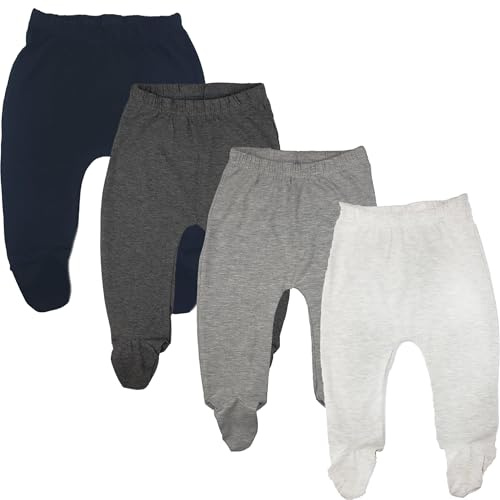 123 Bear Baby Soft Cotton Spandex Pants with Feet Multipack (Gray- 4-Pack, Newborn)