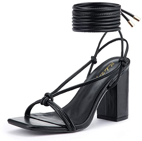 Zhabtuc tjocka klackar sandaler för kvinnor med öppen tå sandaler med snörning och tjocka klackar festskor casual sandaler med snörning, svart, 38.5 EU