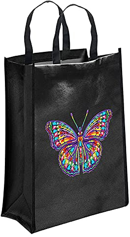 5D DIY fjäril diamantmålning kanvasväskor, nattlampa kanvas tygväska, vikbar handväska återanvändbar shoppingväska för kvinnor, Svart, Large