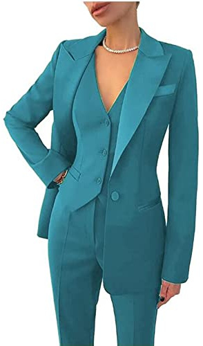 Leader of the Beauty Conjunto de traje de trabajo de oficina de 3 piezas para mujer, chaqueta, chaleco y pantalones, turquesa