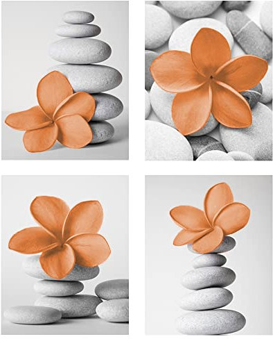 Genius Decor - Home Spa Bathroom Decor Small Pictures Wall Art Zen Stone and Flower in Burnt Orange Prints for Wall Decor, Unframed Set of 4 (Orange, 8x10)