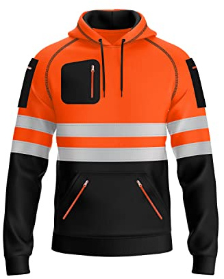 trending babz Mens Hi Viz Visibility Safety Reflective Tape Pullover Fleece Hoodie 3 Zipper Pockets Contrast Sweatshirt Work Wear Hoodie S-2XL
