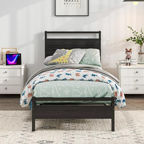 BORPHOM Bettrahmen Metallbett 90x200 Bettgestell aus Metall mit Lattenrost,Einzelbett 90x200 mit Holz Kopfteil,Gästebett Jugendbett,für Schlafzimmer Gästezimmer,Stauraum unter dem Bett,Schwarz