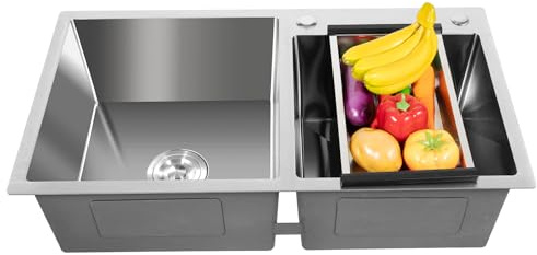 Levkitch Diskbänk 2 handfat diskbänk silver rostfritt stål dubbel skål handfat med dräneringskorg inbäddad arbetsstation handfat
