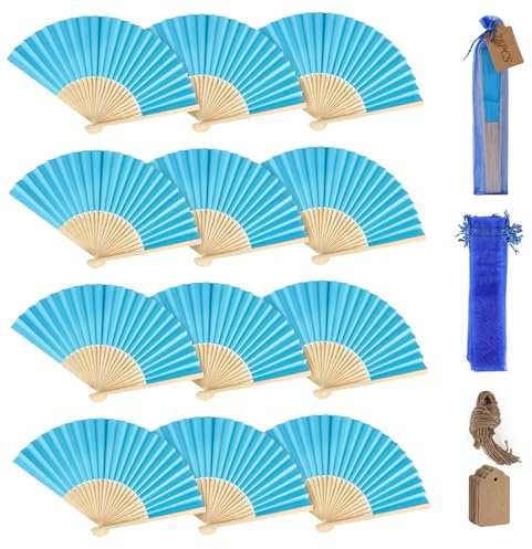 SWAWIS 28 Pezzi Blu Ventaglio di Carta, Ventagli Pieghevoli con 30 Sacchetti di Organza e Biglietti di Ringraziamento, Ventaglio di bambù Colore Solido per Matrimoni Decorazioni Battesimo DIY