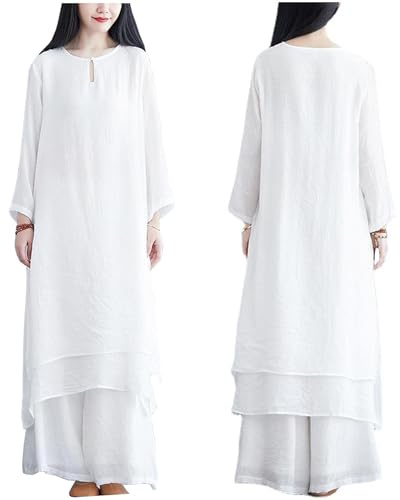 Vêtements de Tai Chi pour Femmes, Uniforme de Kung Fu en Soie et Lin, Costume d'arts Martiaux à Manches Longues pour Exercice Matinal de Méditation Zen,White-XL