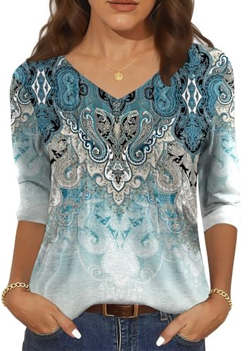 IECCP Camiseta de verano para mujer, manga 3/4, cuello en V, plisada, estampado floral, blusa tipo túnica, camisas casuales elegantes 2025, Estampado étnico verde azulado, S