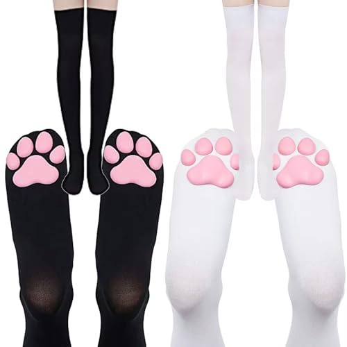 TUBAWD 2 Pairs Thigh Highs, Cat Paw Socks, Cute Over Knee Socks for Women, Thigh High Sock with Paws for Cosplay & Daily Wear, Thigh High Stockings with Black & White Cat Claw Pattern