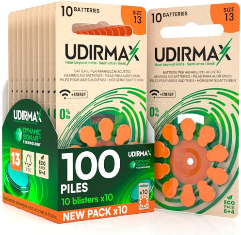 100 Batterie per Apparecchi Acustici Misura 13 Udirmax Pile PR48 Arancioni Zinco-Aria Eco Pack - 10 Blister Ecologici da 10 Pile