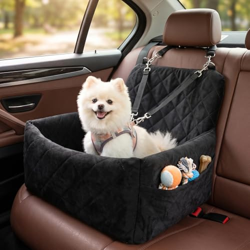 Bindokun Asiento de coche para perros pequeños, cama de coche para perros con espuma viscoelástica gruesa, asiento elevador para cachorros para perros pequeños, lavable desmontable y 2 cinturones de