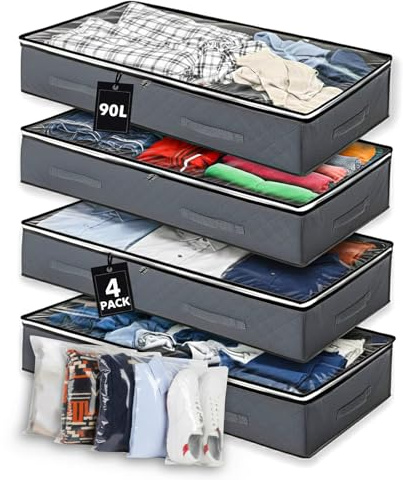 Unterbett Aufbewahrungsbox 90L (4er Set) mit ZUSÄTZLICHEN Schuhbeuteln – Faltbare Unterbett Aufbewahrungstasche mit Deckel & Reißverschluss, Aufbewahrungsboxen für Kleidung, Bettwäsche & Decken