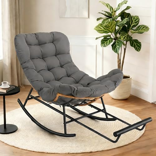 GarveeHome Indoor Papasan Rocking Chair, Rattan Rocker with Extendable Footrest & Detachable Polyester Cushion, 352lbs Sturdy Large Reading Lounge for Indoor Bedroom Living Room, Dark Grey
