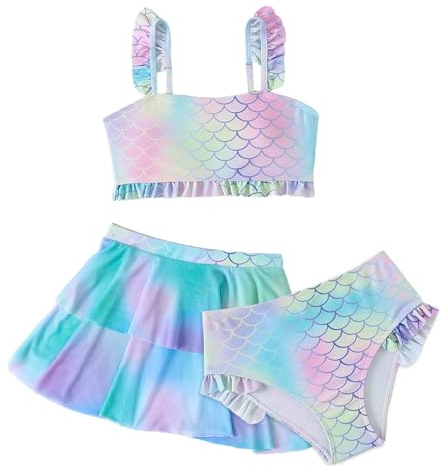 Xumplo Girls 3-Piece Mermaid Bikinis Set Kids Rainbow Fish Scale Swimming Costume with Skirt Tweens Bathing Suit 4-5 Years